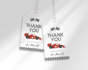 Etichette di ringraziamento per compleanno a tema auto da corsa, modificabili (download digitale)