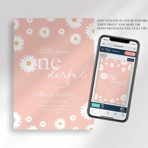 Infographic showing the invitation can be edited online in a web browser, then printed and mailed, or sent digitally via text or email, shown next to a phone displaying the online editor.