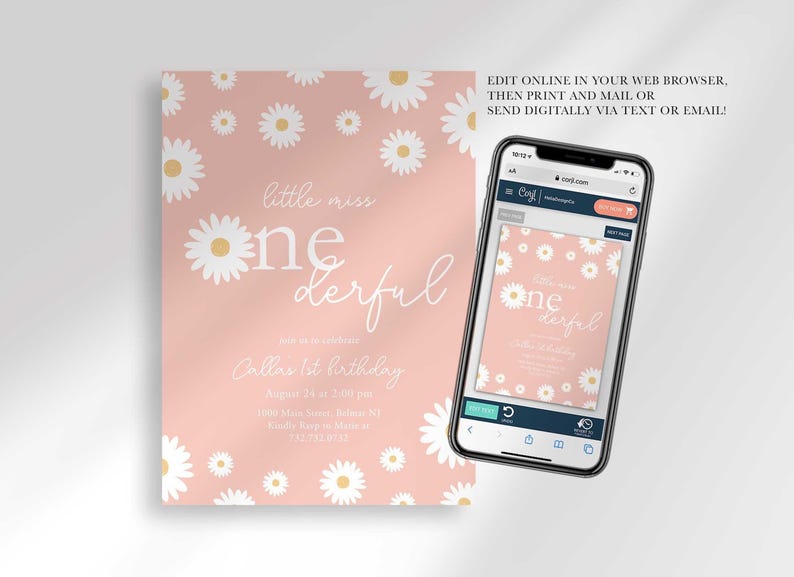 Infographic showing the invitation can be edited online in a web browser, then printed and mailed, or sent digitally via text or email, shown next to a phone displaying the online editor.