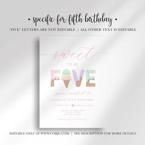 Editability disclaimer graphic reading "specific for fifth birthday" and "'FIVE' letters are not editable, all other text is editable," with a note that the design is editable only at www.corjl.com, shown above the invitation design.