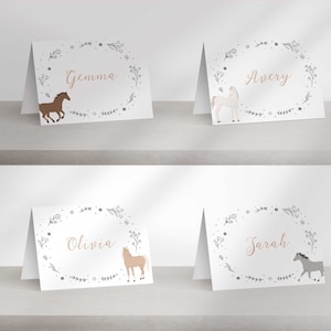 Etiquetas de mesa dobráveis de aniversário de pônei editáveis | Download instantâneo | DIY para impressão