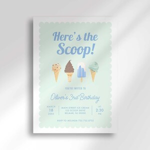 Flat, straight-on view of the mint green "Here's the Scoop!" ice cream invitation with party details for Oliver's 3rd birthday against a plain white background.