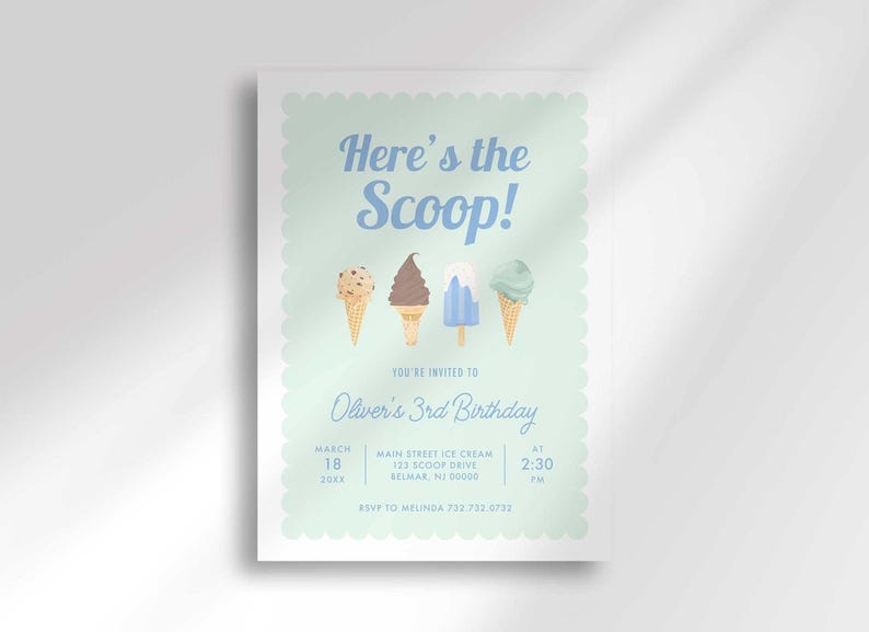 Flat, straight-on view of the mint green "Here's the Scoop!" ice cream invitation with party details for Oliver's 3rd birthday against a plain white background.