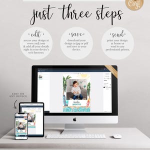 A desktop computer, tablet, and smartphone display an online design tool for editing the surf milestone banner templates.