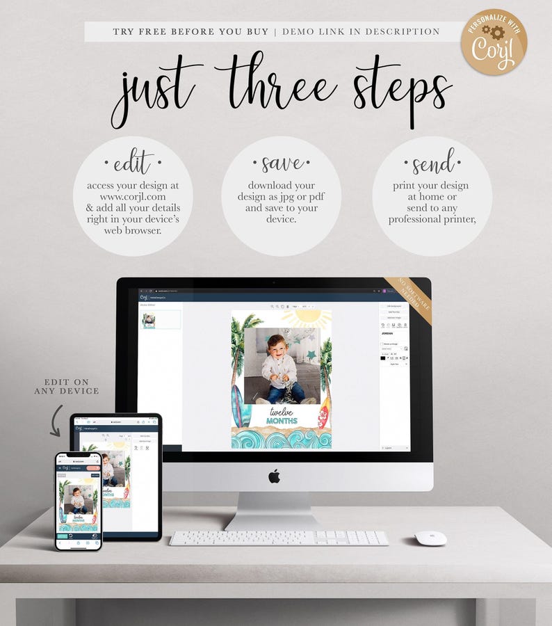 A desktop computer, tablet, and smartphone display an online design tool for editing the surf milestone banner templates.