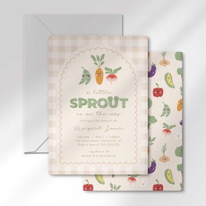Invito per baby shower Little Sprout is on the Way, coltivato localmente, a quadretti, pacchetto di semi, festa mista moderna e minimalista, download immediato