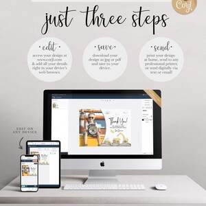 A Corjl explainer graphic titled "just three steps": edit your details online, save your design as a JPG or PDF, and send by printing at home, a professional printer, or digitally via text or email, shown on a desktop computer and mobile devices displaying Damian's thank you card.