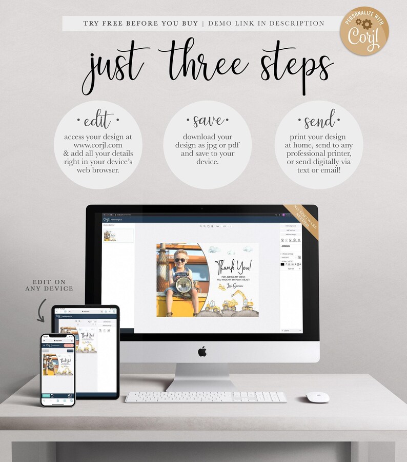 A Corjl explainer graphic titled "just three steps": edit your details online, save your design as a JPG or PDF, and send by printing at home, a professional printer, or digitally via text or email, shown on a desktop computer and mobile devices displaying Damian's thank you card.