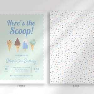 Labeled front and back layout: the front shows the mint green "Here's the Scoop!" invitation with party details, and the back shows a coordinating pastel sprinkle pattern.