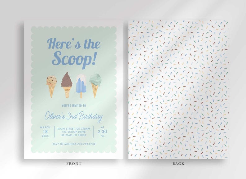 Labeled front and back layout: the front shows the mint green "Here's the Scoop!" invitation with party details, and the back shows a coordinating pastel sprinkle pattern.