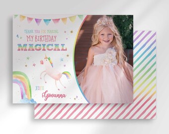 Rainbow Unicorn Birthday Thank You Card with Photo (Digital Download)