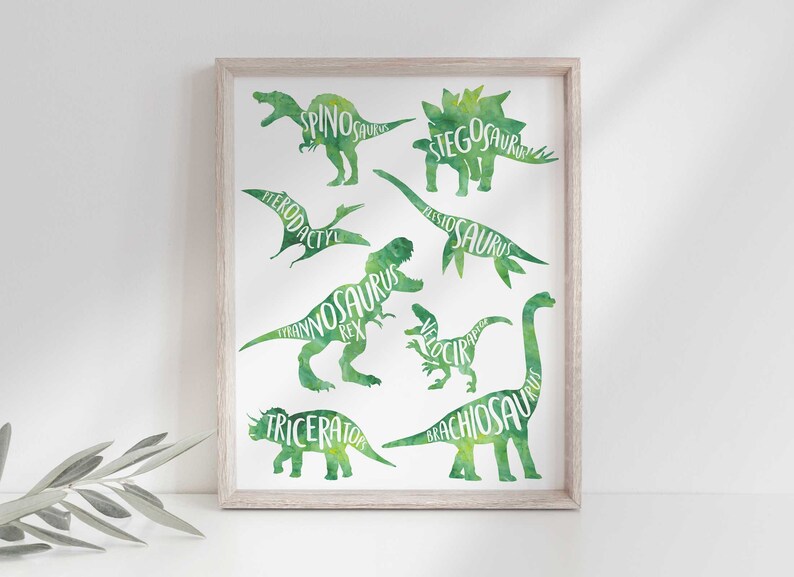 Dinosaur Birthday Green Dinosaur Silhouette A3 Dinosaur Art Poster Digital Download Printable DIY image 1