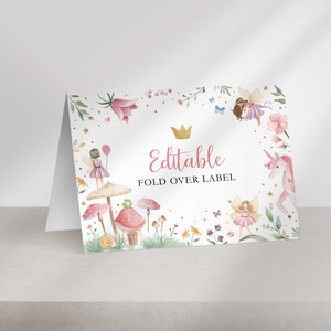 Etiquetas dobráveis de aniversário de fada da floresta encantada editáveis para editar em Corjl.com | Mesa de fadas | DIY para impressão | Fada unicórnio