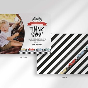 Front and back view of the card: the front shows the boy's photo mockup beside the race car-themed thank you message, and the back shows colorful race cars driving along a black and white diagonal race-stripe road.