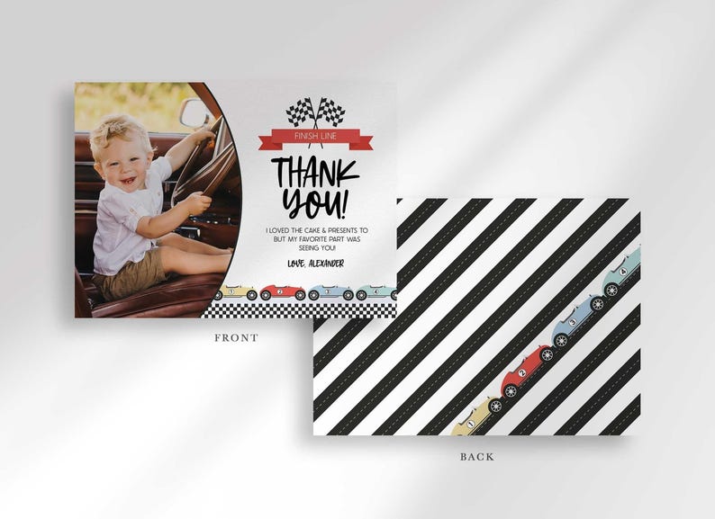 Front and back view of the card: the front shows the boy's photo mockup beside the race car-themed thank you message, and the back shows colorful race cars driving along a black and white diagonal race-stripe road.