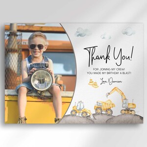 A mockup photo split with a candid photo of a boy in sunglasses sitting on construction equipment on the left, and a construction-themed "thank you" photo card on the right with dump truck and excavator illustrations, reading "Thank you! For joining my crew! You made my birthday a blast! Love, Damian."