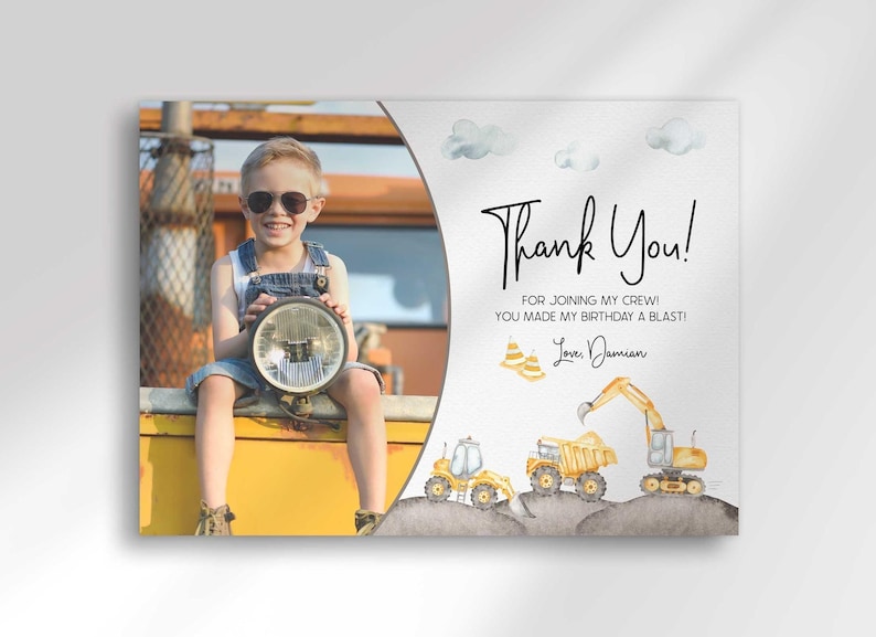 A mockup photo split with a candid photo of a boy in sunglasses sitting on construction equipment on the left, and a construction-themed "thank you" photo card on the right with dump truck and excavator illustrations, reading "Thank you! For joining my crew! You made my birthday a blast! Love, Damian."
