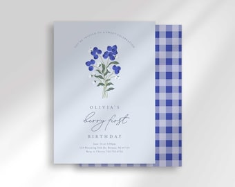 Blueberry First Birthday Invitation: Watercolor Blossoms (Digital Download)