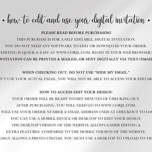 A text graphic titled "how to edit and use your digital invitation" explaining that the purchase is a self-editable digital invitation edited online at Corjl.com, with instructions not to hide your email at checkout, and step-by-step directions for accessing and editing the design after purchase.