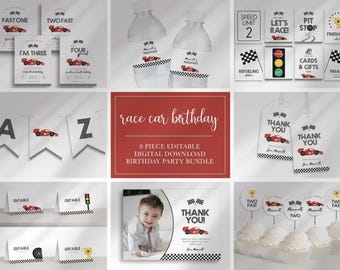 Race Car Birthday Party Bundle: Editable Invitation, Signs (Digital Download)
