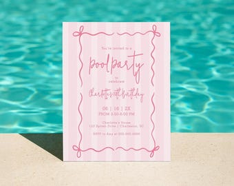 Preppy Pink Stripe Pool Party Invitation, Teen Tween Birthday Invite