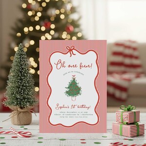 Oh One Fun Preppy Stripe Bow Holiday 1st Birthday Invitation Printable Card