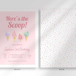 Labeled front and back layout: front shows the ice cream birthday design, back shows the coordinating sprinkle pattern.