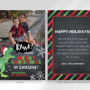 A Christmas card design showing the front with a dinosaur and children photo, and the text back with sample holiday wishes.