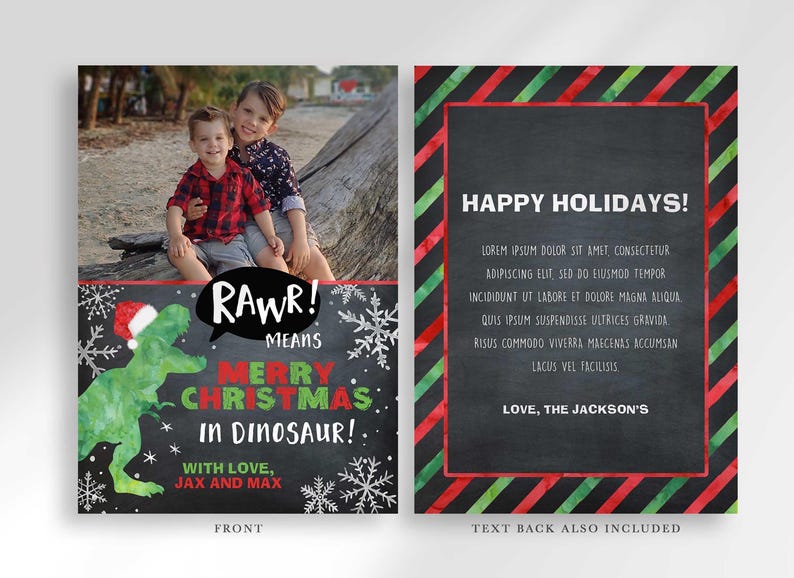 A Christmas card design showing the front with a dinosaur and children photo, and the text back with sample holiday wishes.