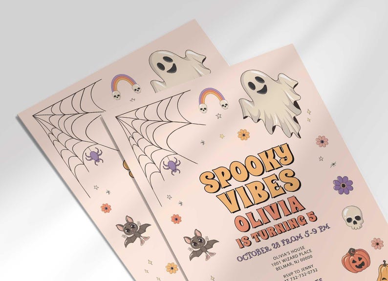 Angled stack of two prints of the 'Spooky Vibes' Halloween invitation for Olivia's 5th birthday, showing the print quality and ghost, bat, and pumpkin illustrations.