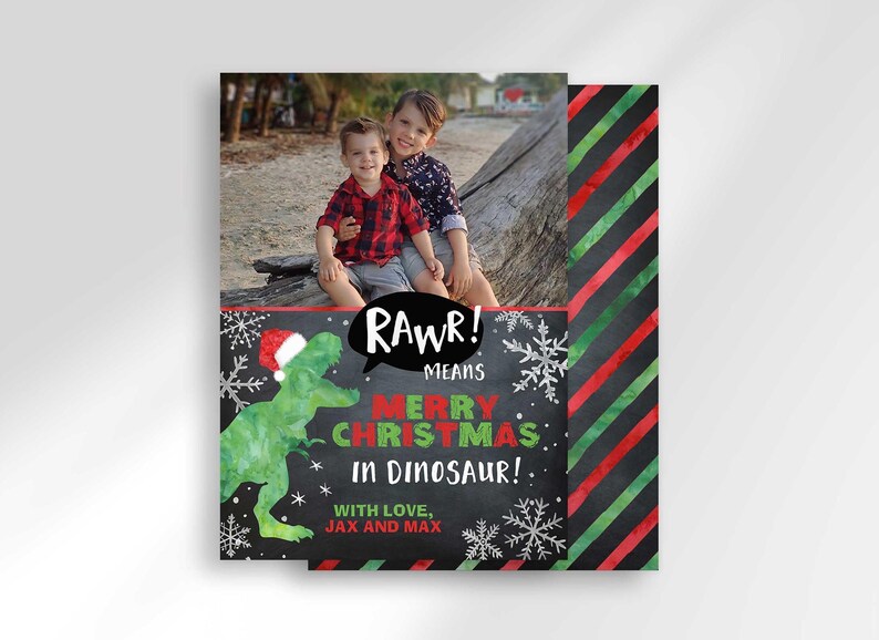 A Christmas card template showing front and back views with a dinosaur and photo of two boys.