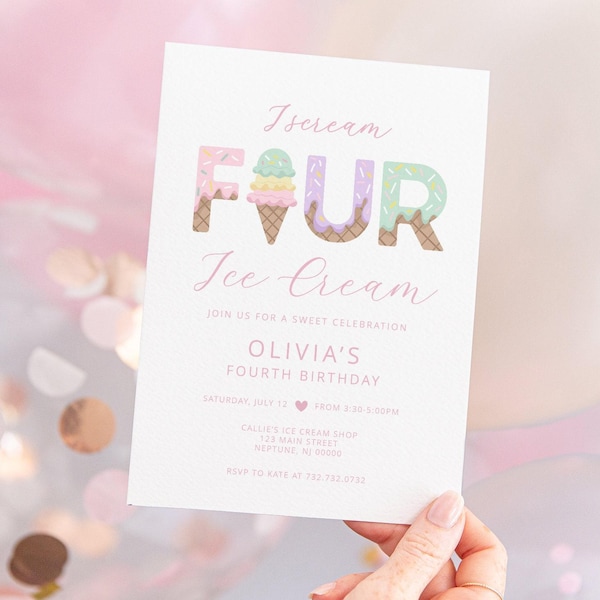 Pastel Ice Cream 4th Birthday Invitation: Digital Download for Sweet Summer Celebration