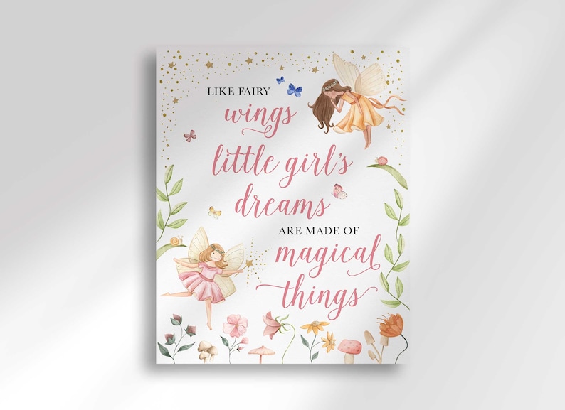 Like Fairy Wings, Little Girl's Dreams are Made of Magical Things Sign Instant Download Fairy Birthday Party Sign 8x10 and 11x14 Pink image 3