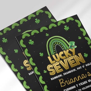 Close-up angled styled shot of two overlapping Lucky Seven St. Patrick's Day invitations, one showing sample text "Brianna's Turning 7 Years Old."