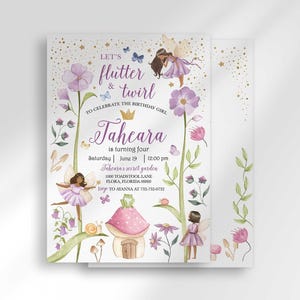 Front and back view of the Let's Flutter & Twirl invitation, with the front fairy garden design layered over a matching gold confetti and leafy vine back design.