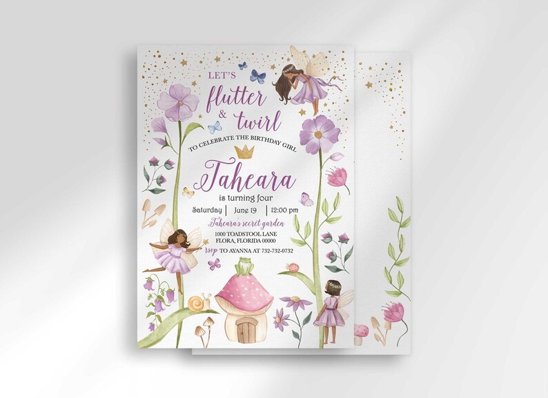 Front and back view of the Let's Flutter & Twirl invitation, with the front fairy garden design layered over a matching gold confetti and leafy vine back design.