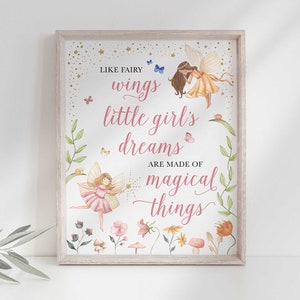 Like Fairy Wings, Little Girl's Dreams are Made of Magical Things Sign Instant Download Fairy Birthday Party Sign 8x10 and 11x14 Pink image 1