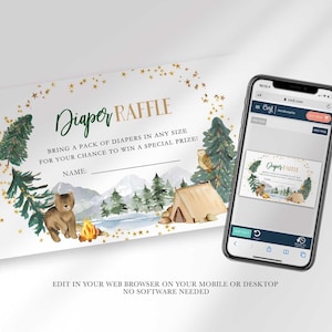 Angled view of the Diaper Raffle card beside a phone mockup showing the Corjl.com editor, with text noting the design can be edited in a web browser on mobile or desktop with no software needed.