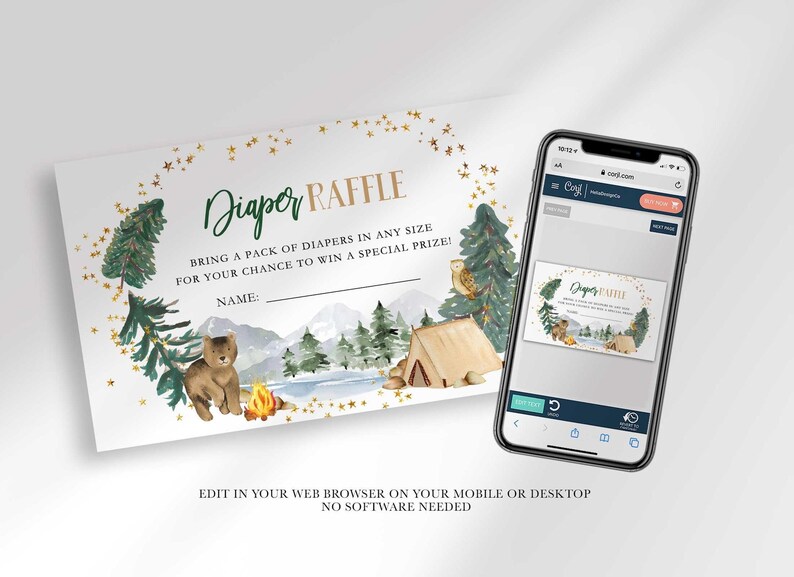 Angled view of the Diaper Raffle card beside a phone mockup showing the Corjl.com editor, with text noting the design can be edited in a web browser on mobile or desktop with no software needed.