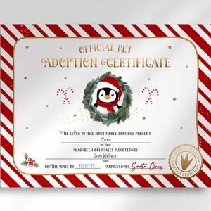 Certificado de Adoção de Pinguim de Natal Editável | Adoção de Animais de Estimação