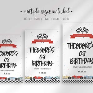 Three different sizes of the race car birthday welcome sign displayed side by side against a neutral wall.