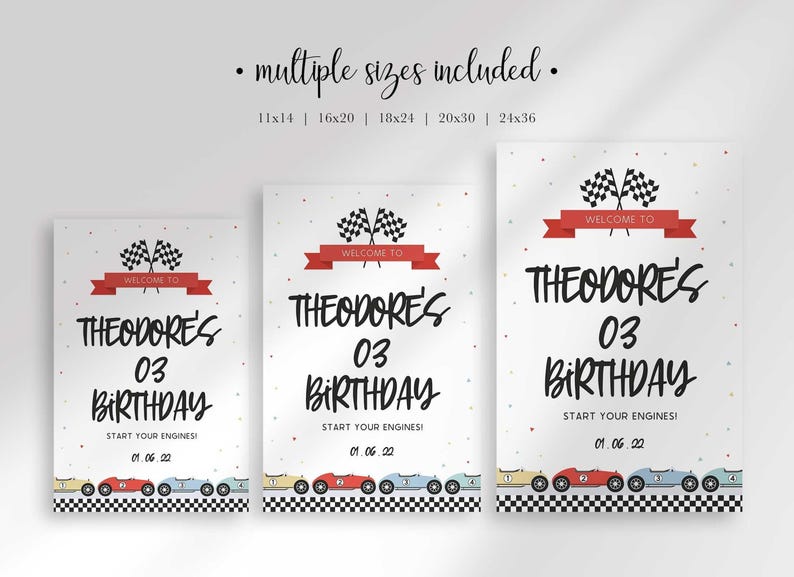 Three different sizes of the race car birthday welcome sign displayed side by side against a neutral wall.