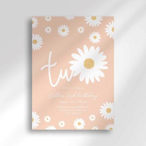 Daisy-themed second birthday invitation in pink with a white daisy pattern, reading 'TWO' for Callie's 2nd birthday, with the party date, time, and location.