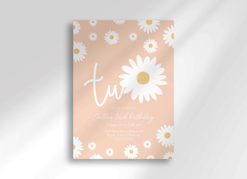 Daisy-themed second birthday invitation in pink with a white daisy pattern, reading 'TWO' for Callie's 2nd birthday, with the party date, time, and location.