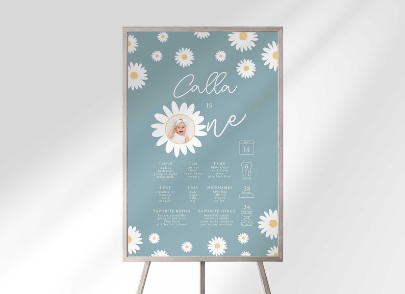 Blue daisy-themed "Calla Is One" first birthday milestone poster displayed on a wooden easel, featuring a photo insert framed as a daisy and milestone stats including favorite food, weight, height, and favorite books and songs.
