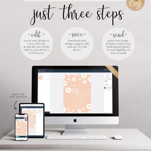 Graphic explaining the 'just three steps' process: edit your design at Corjl.com in your browser, save it as a JPG or PDF, and send it by printing at home, using a professional printer, or sending digitally, shown with the design displayed on a desktop computer, tablet, and phone.