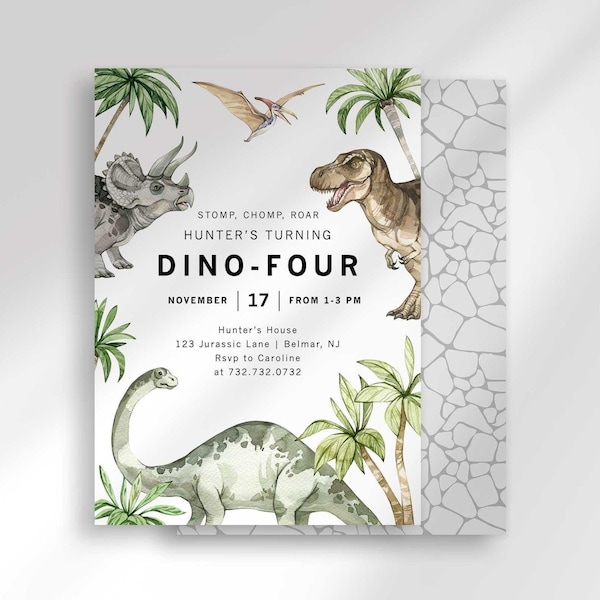 Dino-Four Birthday Invitation, Boy Jurassic Dinosaur Party Invite