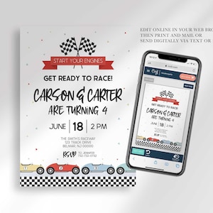 Phone mockup showing the design on a Corjl editor screen, with a twins example reading "Carson & Carter Are Turning 4" and text noting you can edit online in your web browser, then print and mail or send digitally via text or email.