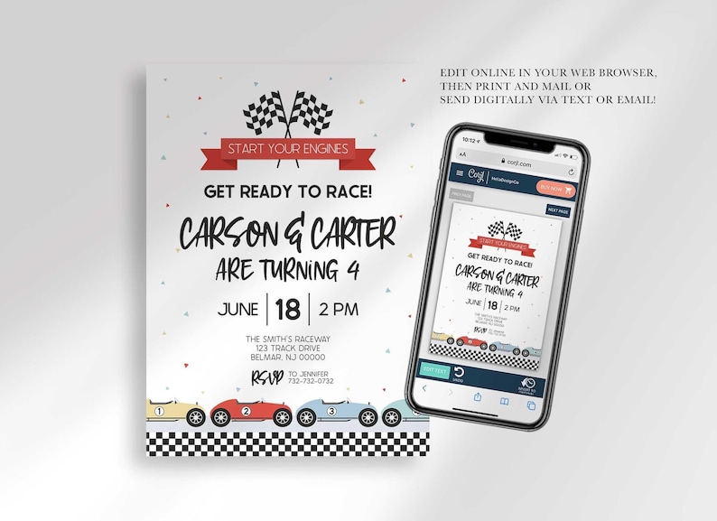 Phone mockup showing the design on a Corjl editor screen, with a twins example reading "Carson & Carter Are Turning 4" and text noting you can edit online in your web browser, then print and mail or send digitally via text or email.