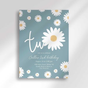 Daisy-themed second birthday invitation in dusty blue with a white daisy pattern, reading 'TWO' for Callie's 2nd birthday, with the party date, time, and location.
